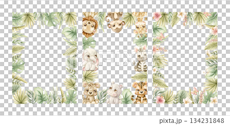 Cute Tropical Animals and Exotic Plants Frames set. Watercolor hand painted summer pastel neutral illustration on white background for nursery safari design kids textile baby shower party cards 134231848