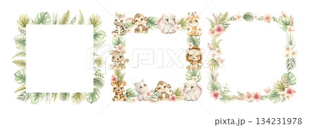 Cute Tropical Animals and Exotic Plants Frames set. Watercolor hand painted summer pastel neutral illustration on white background for nursery safari design kids textile baby shower party cards Cute Tropical Animals and Exotic Plants Frames set. Watercolor hand painted summer pastel neutral illustration on white background for nursery safari design kids textile baby shower party cards 134231978