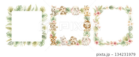 Cute Tropical Animals and Exotic Plants Frames set. Watercolor hand painted summer pastel neutral illustration on white background for nursery safari design kids textile baby shower party cards 134231979