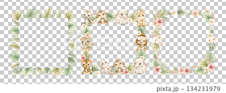 Cute Tropical Animals and Exotic Plants Frames set. Watercolor hand painted summer pastel neutral illustration on white background for nursery safari design kids textile baby shower party cards 134231979