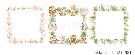 Cute Tropical Animals and Exotic Plants Frames set. Watercolor hand painted summer pastel neutral illustration on white background for nursery safari design kids textile baby shower party cards 134231981