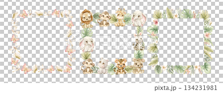 Cute Tropical Animals and Exotic Plants Frames set. Watercolor hand painted summer pastel neutral illustration on white background for nursery safari design kids textile baby shower party cards 134231981