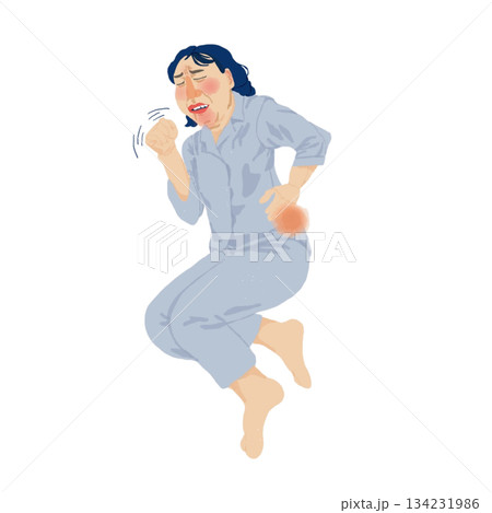 腎盂腎炎の症状を示す女性患者の医療イラスト｜高熱・悪寒・腰背部痛・排尿時痛 134231986