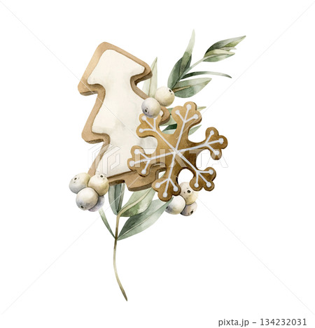 Gingerbread Christmas tree snowflake cookies with Eucalyptus branch Mistletoe berries. Watercolor hand drawn isolated illustration on white background for winter New Year design cards holiday print Gingerbread Christmas tree snowflake cookies with Eucalyptus branch Mistletoe berries. Watercolor hand drawn isolated illustration on white background for winter New Year design cards holiday print 134232031