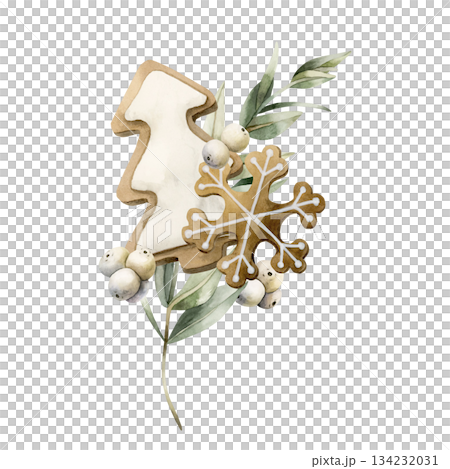 Gingerbread Christmas tree snowflake cookies with Eucalyptus branch Mistletoe berries. Watercolor hand drawn isolated illustration on white background for winter New Year design cards holiday print Gingerbread Christmas tree snowflake cookies with Eucalyptus branch Mistletoe berries. Watercolor hand drawn isolated illustration on white background for winter New Year design cards holiday print 134232031
