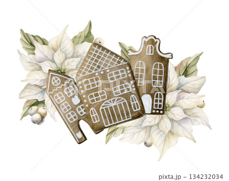 Gingerbread house cookie with Poinsettia flowers and Mistletoe berries. Watercolor hand drawn isolated illustration on white background for winter Christmas New Year design cards holiday print textile 134232034
