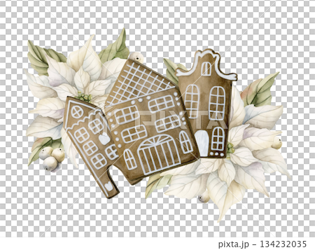 Gingerbread house cookie with Poinsettia flowers and Mistletoe berries. Watercolor hand drawn isolated illustration on white background for winter Christmas New Year design cards holiday print textile Gingerbread house cookie with Poinsettia flowers and Mistletoe berries. Watercolor hand drawn isolated illustration on white background for winter Christmas New Year design cards holiday print textile 134232035