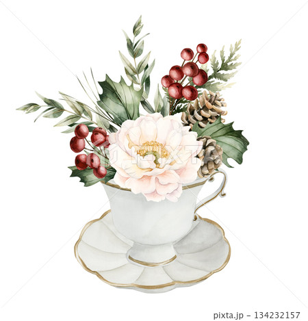 White Peony with Pine Cones Holly Berry Eucalyptus in porcelain cup saucer. Winter arrangement. Watercolor hand drawn isolated illustration on white for Christmas New Year design cards holiday print White Peony with Pine Cones Holly Berry Eucalyptus in porcelain cup saucer. Winter arrangement. Watercolor hand drawn isolated illustration on white for Christmas New Year design cards holiday print 134232157