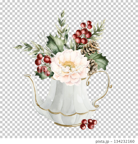 White Peony with Pine Cones Holly Berry Eucalyptus in porcelain teapot. Winter arrangement. Watercolor hand drawn isolated illustration on white for Christmas New Year design cards cozy holiday print White Peony with Pine Cones Holly Berry Eucalyptus in porcelain teapot. Winter arrangement. Watercolor hand drawn isolated illustration on white for Christmas New Year design cards cozy holiday print 134232160