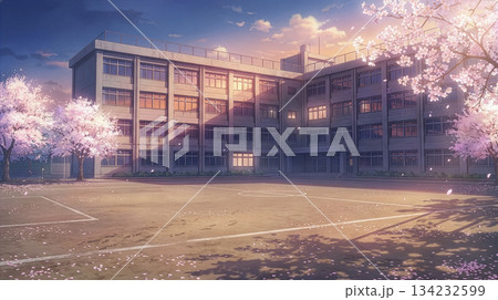 春の夕方、放課後の校舎と静まり返った校庭の風景 134232599