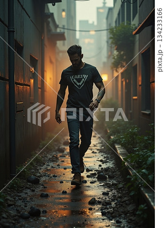 AI generated Resolute man in hoodie strides through reflective puddles amid foggy 134233166