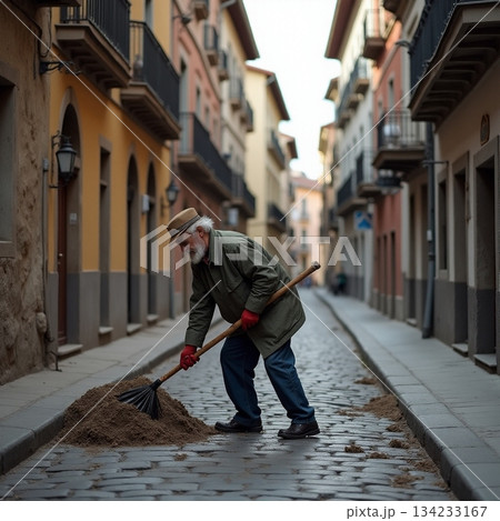 AI generated Elderly caucasian caretaker raking leaves on cobblestone street AI generated Elderly caucasian caretaker raking leaves on cobblestone street 134233167