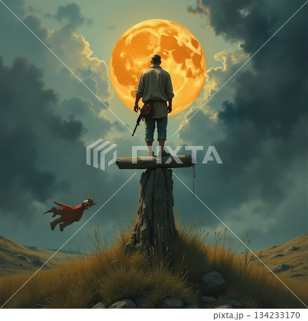 AI generated An isolated individual produces shadow on broad grassy plain lit by moon 134233170