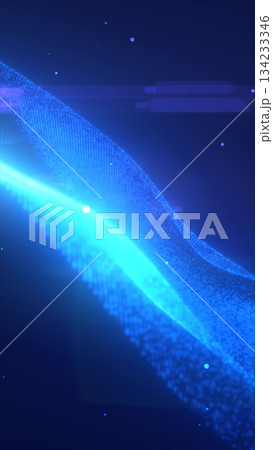 Futuristic glowing blue wave of particles against a dark background, representing data flow and digital connections 134233346