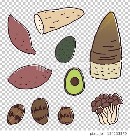 手繪蔬菜：馬鈴薯、蘑菇、酪梨、竹筍 134233370