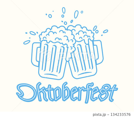 Vector vintage poster of two beer mugs for Oktoberfest. Vintage illustration of two beer mugs in retro style. Vector vintage poster of two beer mugs for Oktoberfest. Vintage illustration of two beer mugs in retro style. 134233576