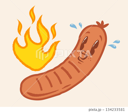 Vector illustration of a funny sausage with flame in retro groovy style. Cartoon of spicy sausagefor BBQ in vintage style. Vector illustration of a funny sausage with flame in retro groovy style. Cartoon of spicy sausagefor BBQ in vintage style. 134233581