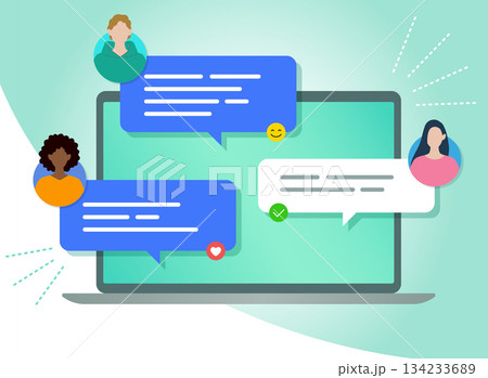 インターネットを使ったチャットコミュニケーション　パソコンと人物　　オンライン接続 134233689