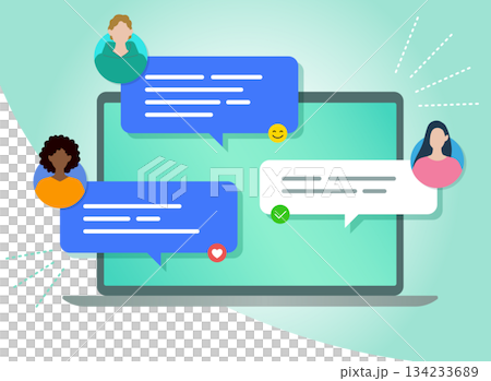 インターネットを使ったチャットコミュニケーション　パソコンと人物　　オンライン接続 134233689