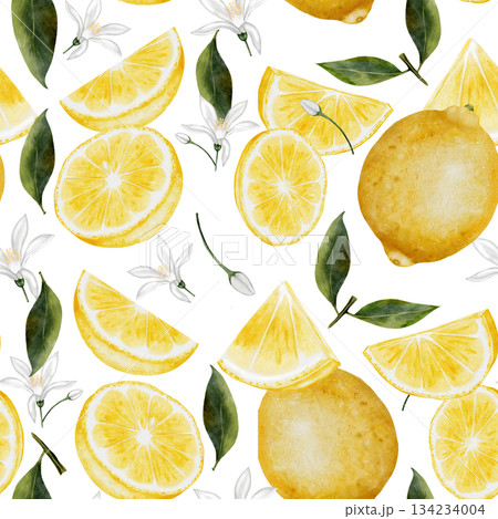 Lemon seamless pattern watercolor. Hand drawn tropical sour fruit. Clip art of juicy yellow lime. Citrus on isolated white background. Ideal for logo and packaging of natural cosmetics, household 134234004