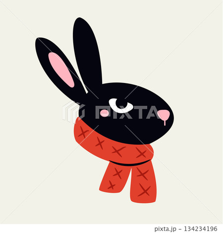 Cute Minimalist Cartoon Black Rabbit Portrait Wearing Red Winter Scarf Cute Minimalist Cartoon Black Rabbit Portrait Wearing Red Winter Scarf 134234196