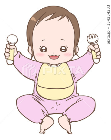 イラスト素材：スプーンとフォークを持って喜ぶ赤ちゃん（女の子） 134234233