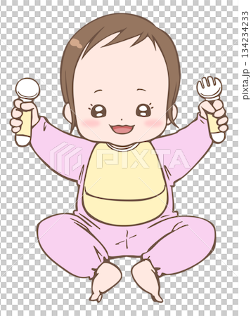 イラスト素材：スプーンとフォークを持って喜ぶ赤ちゃん（女の子） 134234233
