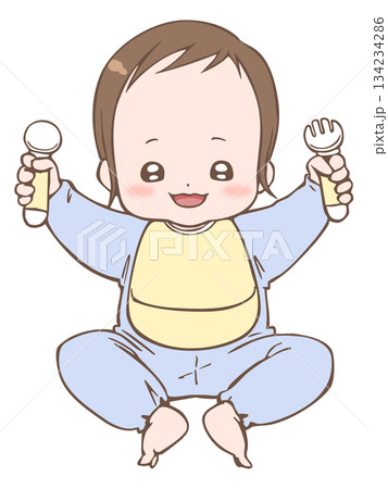 イラスト素材：スプーンとフォークを持って喜ぶ赤ちゃん（男の子） 134234286