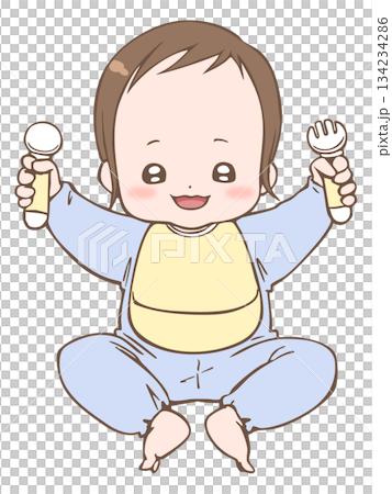 Illustration material: Baby (boy) happy with a spoon and fork 134234286