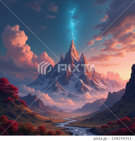AI generated Calm natural environment showcasing luminous stream and multicolored peaks 134234351