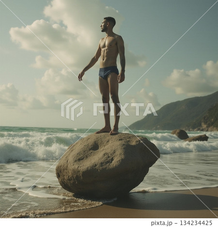 AI generated Man stands silently observing immense ocean while traveler admires sunrise 134234425