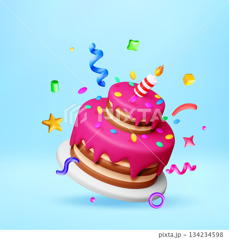 3D Birthday cake with candle and colorful confetti 3D Birthday cake with candle and colorful confetti 134234598