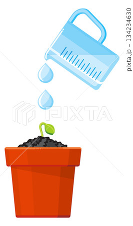 A plant is being watered from a measuring cup A plant is being watered from a measuring cup 134234630