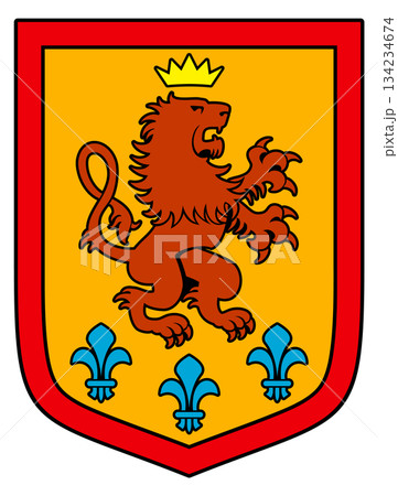 A lion is depicted on a red and yellow shield 134234674