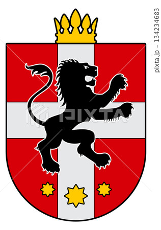 A red and white shield with a lion on it 134234683