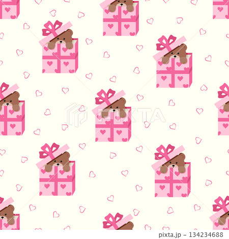 Seamless pattern Cute teddy bear peeks out of a gift box. Valentine's Day background. Vector illustration for postcard, cover, poster, wallpaper, packaging. Seamless pattern Cute teddy bear peeks out of a gift box. Valentine's Day background. Vector illustration for postcard, cover, poster, wallpaper, packaging. 134234688