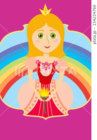 A cartoon girl holding a flower in front of a rainbow A cartoon girl holding a flower in front of a rainbow 134234760