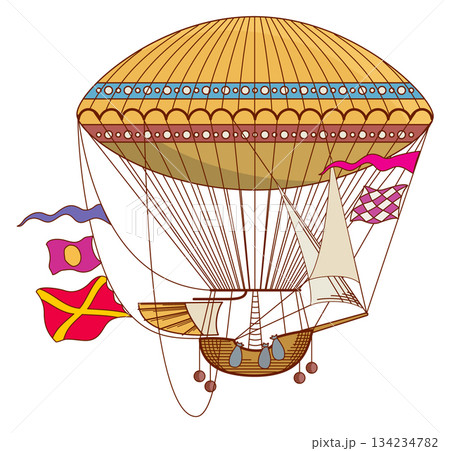 A cartoon drawing of a hot air balloon with a sail and flags 134234782