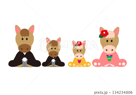着物を着て挨拶する馬の四人家族の年賀状イラスト 134234806