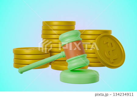 3D render of a gavel, money bags, and gold coins symbolizing auction 134234911