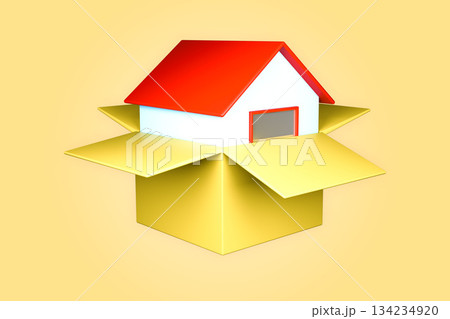 3D render: a red house popping out of a yellow cardboard box 134234920