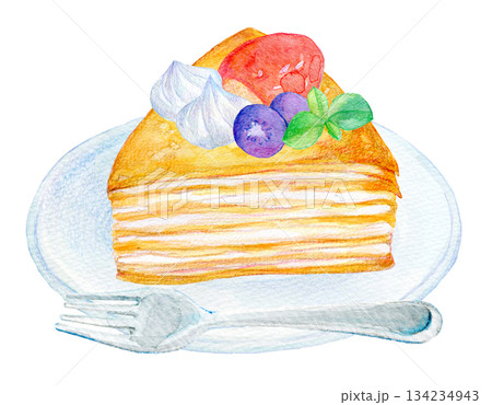 水彩イラスト　手描きイラスト　ミルクレープ 134234943