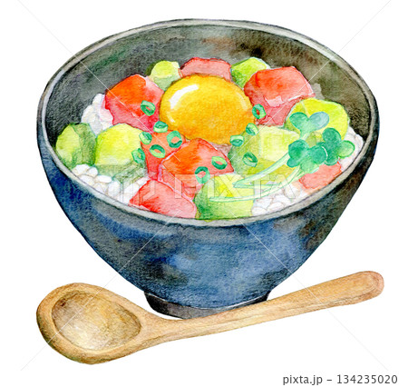 水彩イラスト　手描きイラスト　マグロアボカド丼 134235020