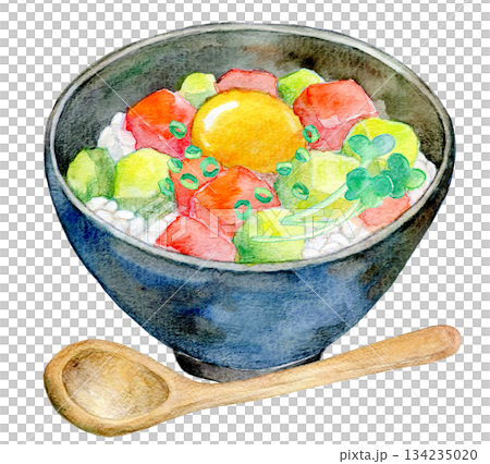 水彩イラスト　手描きイラスト　マグロアボカド丼 134235020