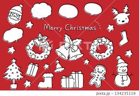 サンタや雪だるまのかわいい手描き風のクリスマスイラストと吹き出しセット 134235119