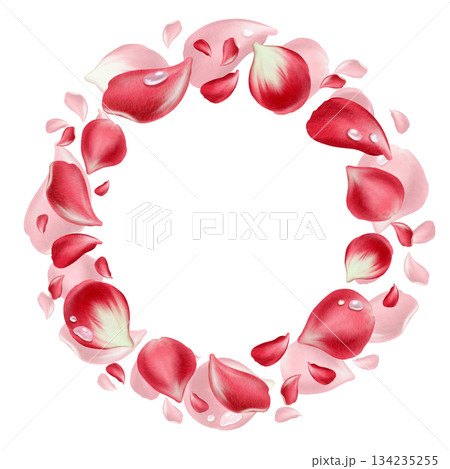 Circular wreath of red rose petals with delicate water droplets,symbolizing love and gratitude.Hand drawn watercolor illustration for Mothers Day cards,gift wrap,floral themed celebrations Circular wreath of red rose petals with delicate water droplets,symbolizing love and gratitude.Hand drawn watercolor illustration for Mothers Day cards,gift wrap,floral themed celebrations 134235255