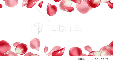 Floral seamless border of lush red rose petals adorned with glistening water droplets.Romantic watercolor design with soft textures for Valentine's Day branding,wedding stationery,invitation 134235261