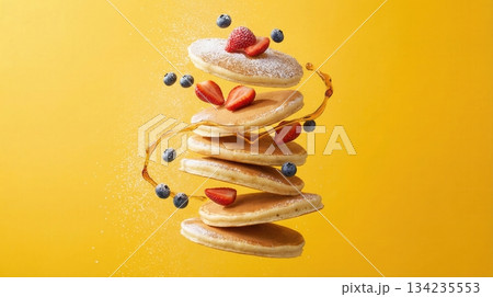 Flying Stack Of Pancakes With Berries And Honey Syrup Art 134235553