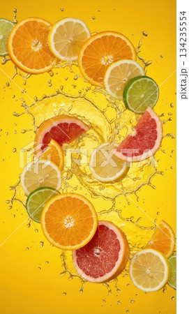 Exploded View Of Tropical Citrus Fruit Slices And Juice Splash 134235554