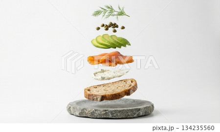Deconstructed Salmon And Avocado Toast Ingredients white background Deconstructed Salmon And Avocado Toast Ingredients white background 134235560